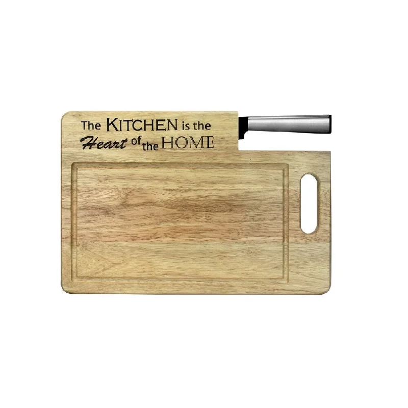 Ginsu Custom Gift Collection "Kitchen is the Heart of the Home" Engraved Cutting Board with Black Santoku Knife