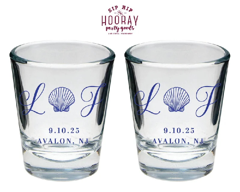 Seashell Beach Wedding Monogram Shot Glasses, #3009