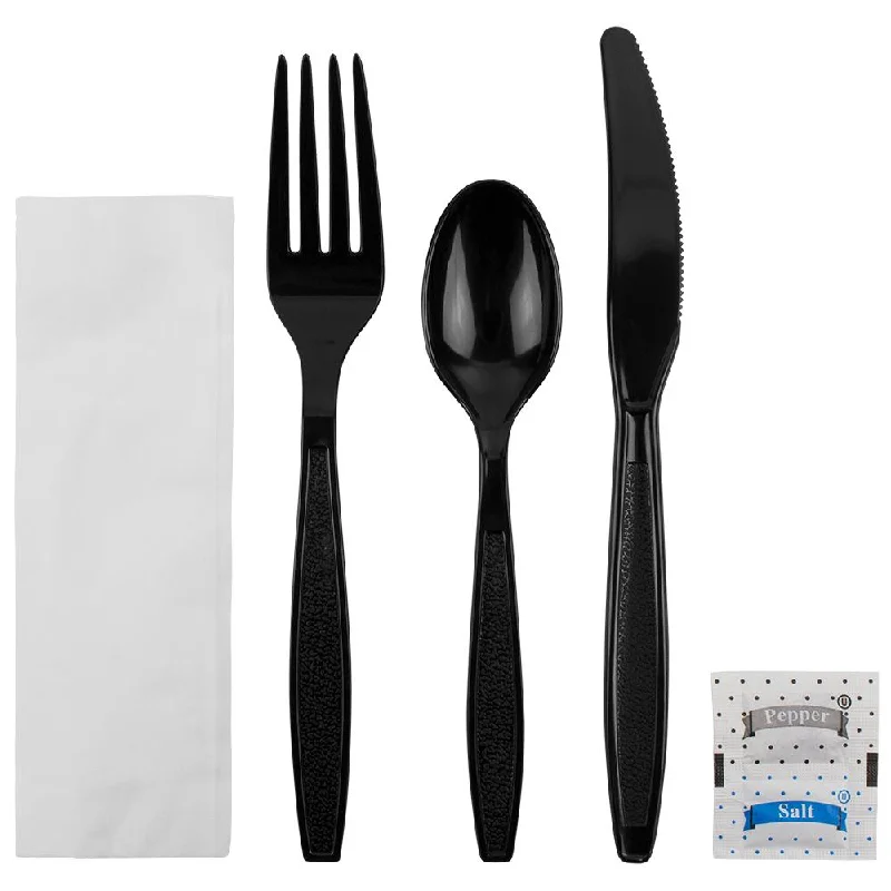 Karat PS Heavy Weight Cutlery Kits with Salt and Pepper - Black - 250 ct