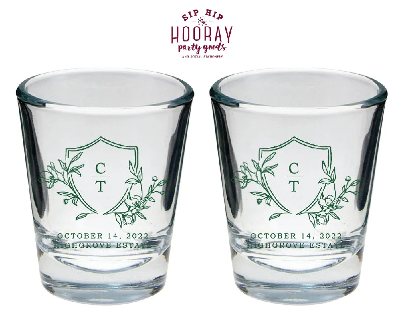 Simple Laurel Crest Initials Shot Glasses, #3006