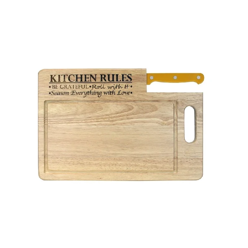 Ginsu Custom Gift Collection "Kitchen Rules" Engraved Cutting Board with Yellow Santoku Knife