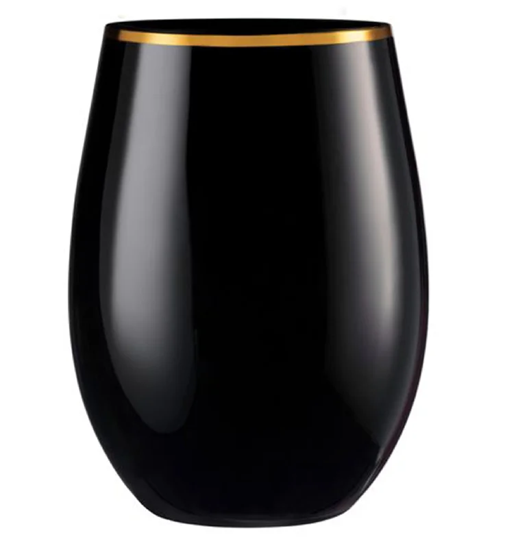 Stemless Plastic Wine Goblet 16oz Black / Gold Rim