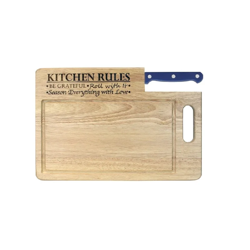 Ginsu Custom Gift Collection "Kitchen Rules" Engraved Cutting Board with Blue Santoku Knife