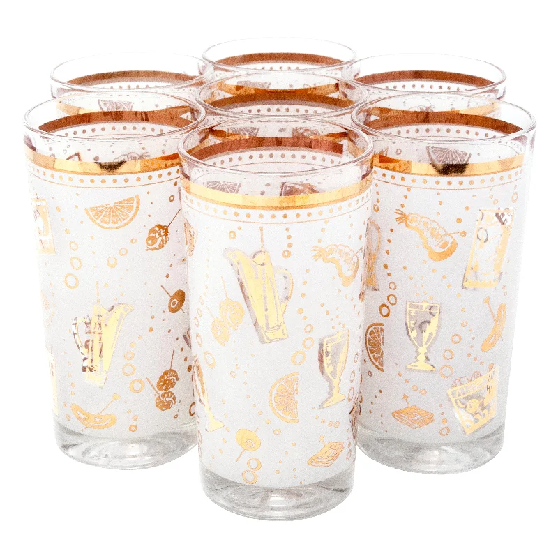 White & Gold Cocktail Motif Collins Glasses