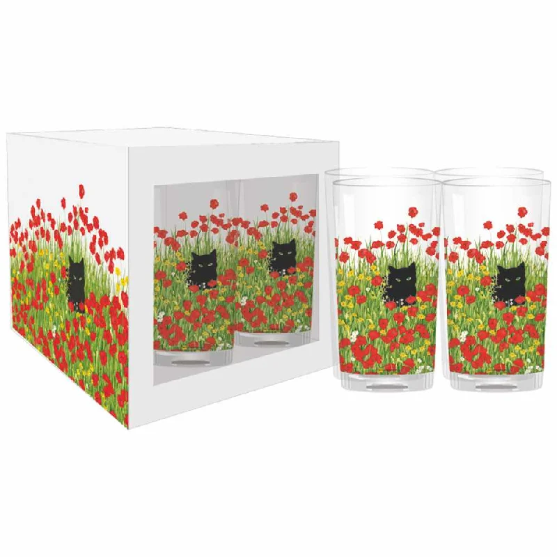 Black Cat Poppies Drinking Glasses, Set of 4