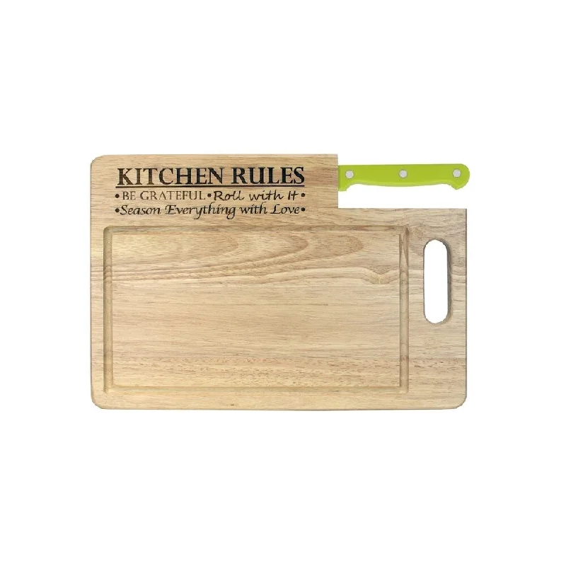 Ginsu Custom Gift Collection "Kitchen Rules" Engraved Cutting Board with Lime Green Santoku Knife