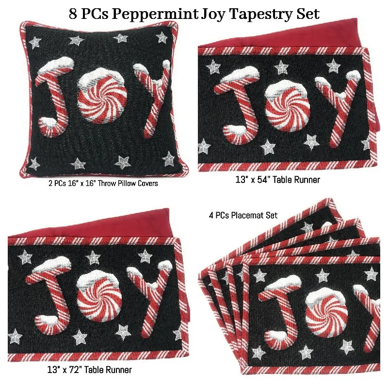 DaDa Bedding Set of 8 Pieces Peppermint Joy Holiday Table Tapestry - 4 Placemats, 2 Table Runners, 2 Throw Pillow Covers (12904)