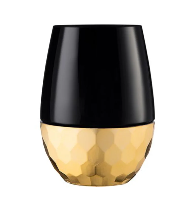 Stemless Plastic Hammered Wine Goblet 16oz Black / Gold Bottom