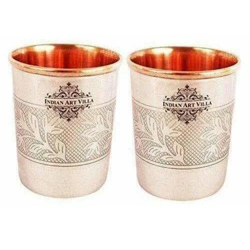 Embossed Design Steel Copper Glass Tumbler (250ml) - Set of 2