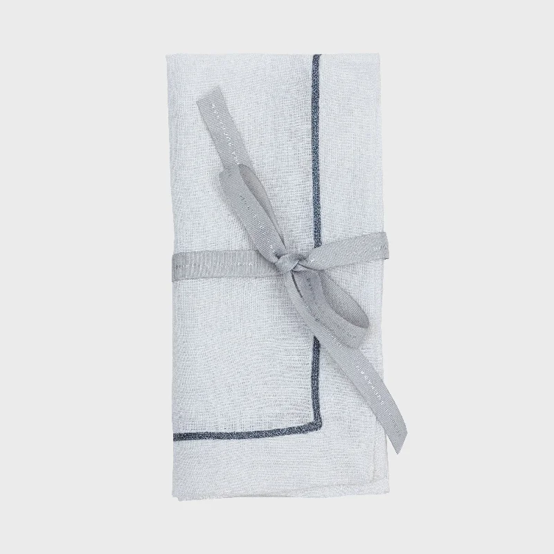 Gunmetal trim linen dinner napkins, white, set of two