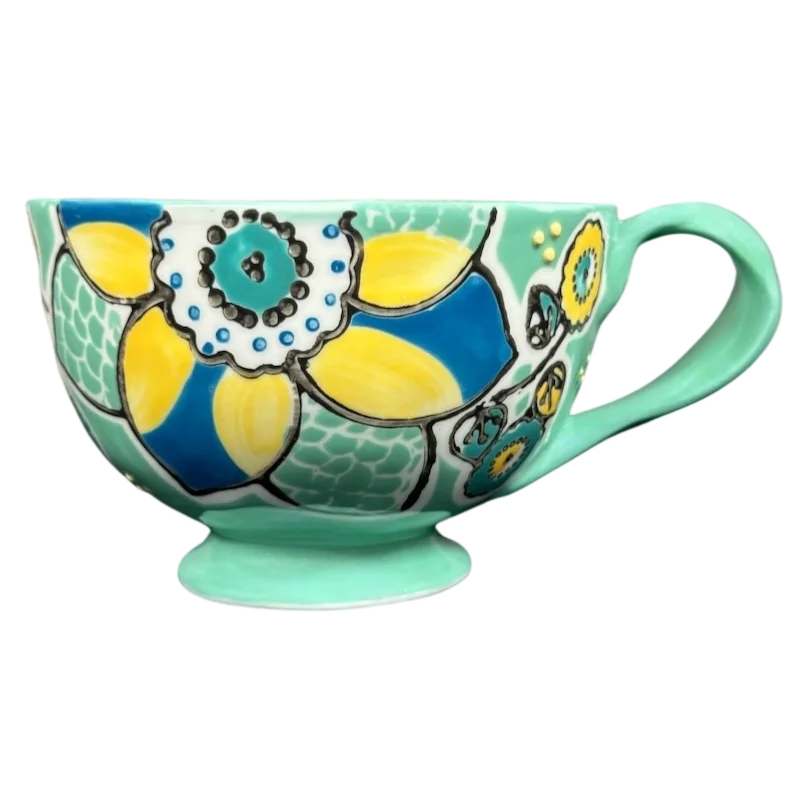 Elka Ayaka Floral Pedestal Green Mug With Twisted Green Handle Anthropologie