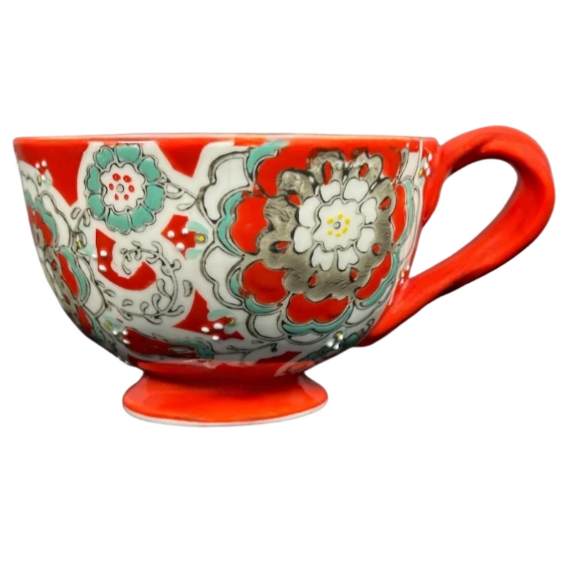 Elka Ayaka Floral Pedestal Red Mug With Twisted Red Handle Anthropologie