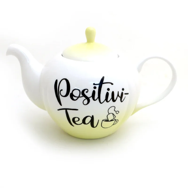 Positiv-itea Teapot, upcycled vintage, Drink tea be happy, yellow sunshine