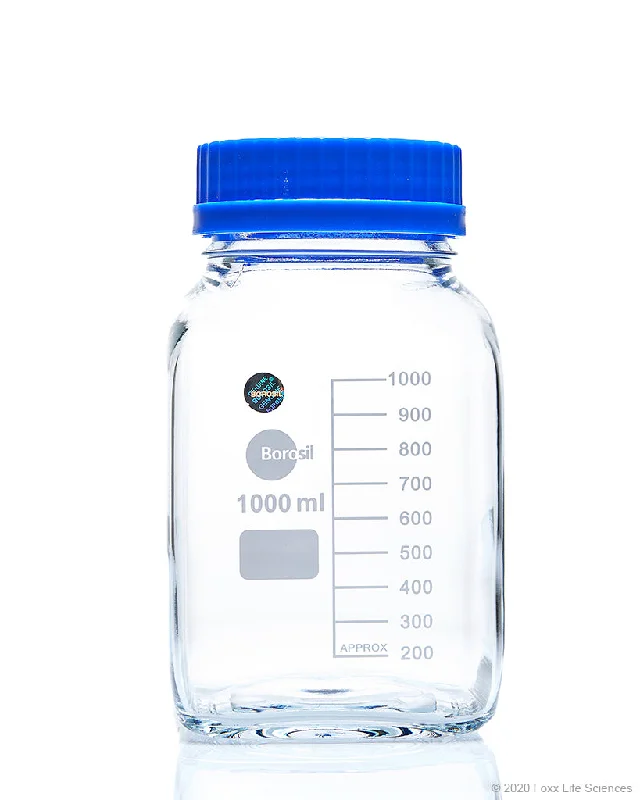 Borosil® Wide Mouth Glass Bottles - Square - 1L - CS/10