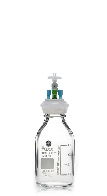 HPLC Solvent Reservoir Bottle Assembly, GL45, 500mL Clear, Class VI Polytetrafluoroethylene (PTFE) Adapter,  3 Ports for 3.2mm(1/8") and/or 1.6mm(1/16") OD Tubing