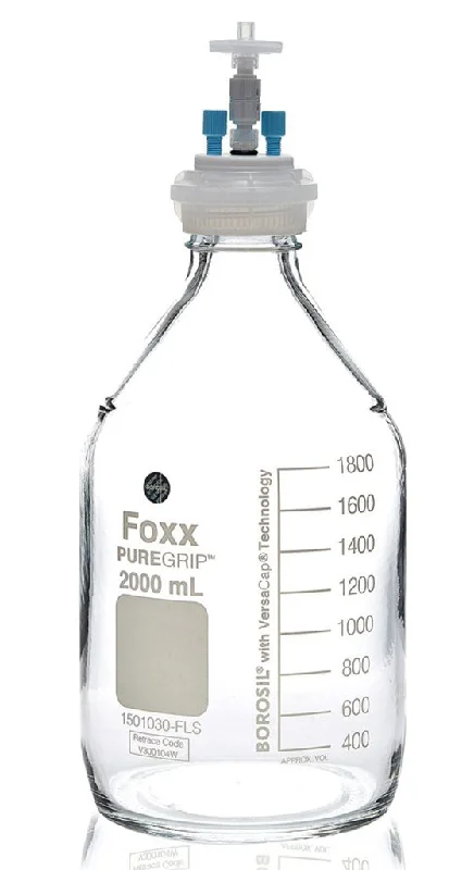 HPLC Solvent Reservoir Bottle Assembly, GL45, 2L Clear, Class VI Polytetrafluoroethylene (PTFE) Adapter,  2 Ports for 3.2mm(1/8") and/or 1.6mm(1/16") OD Tubing