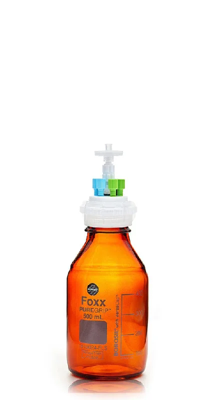 HPLC Solvent Reservoir Bottle Assembly, GL45, 500mL Amber, Class VI Polytetrafluoroethylene (PTFE) Adapter,  6 Ports for 3.2mm(1/8") and/or 1.6mm(1/16") OD Tubing