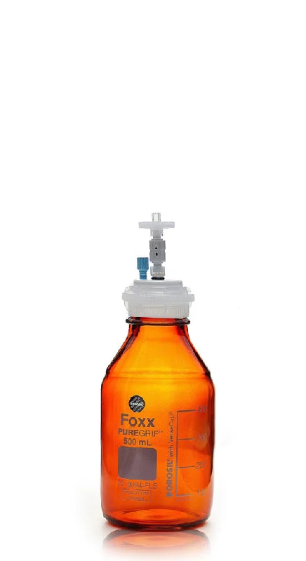 HPLC Solvent Reservoir Bottle Assembly, GL45, 500mL Amber, Class VI Polytetrafluoroethylene (PTFE) Adapter,  1 Ports for 3.2mm(1/8") or 1.6mm(1/16") OD Tubing