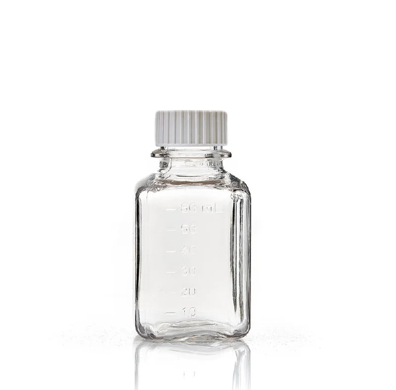 EZBio® 60 mL PETG Media Bottles, Sterile, Square Storage Bottles with 24-415 mm White Closed Cap Closures, 40/PK