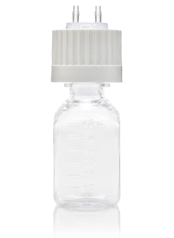 EZBio® TS Bottle Assy, PETG, 60mL, Versacap White 38-430 w/ 2x1/4" HB 1x1/8" HB w/o Tubing, NS-10/CS