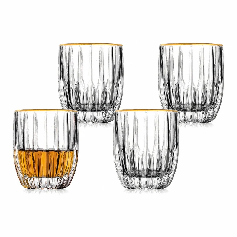 Pleat Gold Rim Double Old Fashion Glass, Set of 4